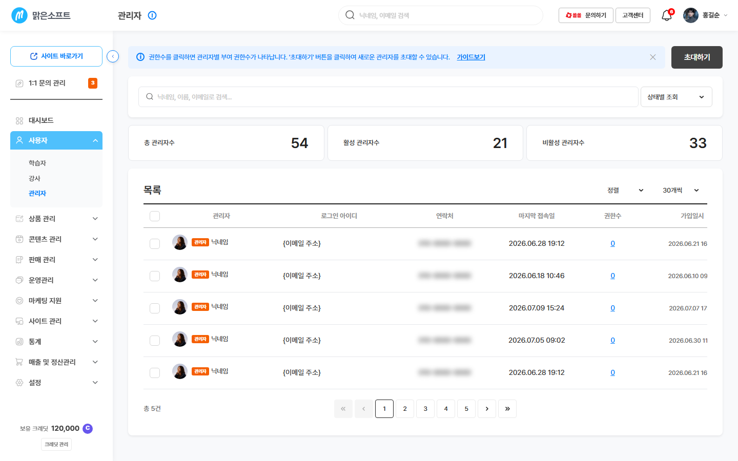 관리자 목록 상단 — [초대하기] 버튼
