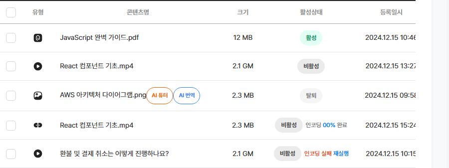 콘텐츠 목록 — 유형 · 이름 · 폴더 · 크기 · 상태 · 등록일