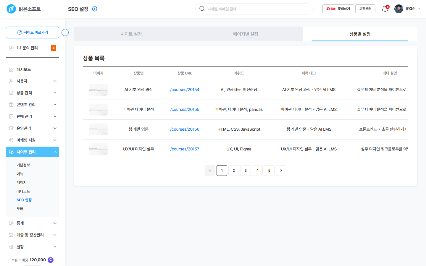 상품별 설정 탭 — 상품 이미지 · 상품명 · 상품 주소 · 키워드 · 제목 · 설명 · 색인 여부
